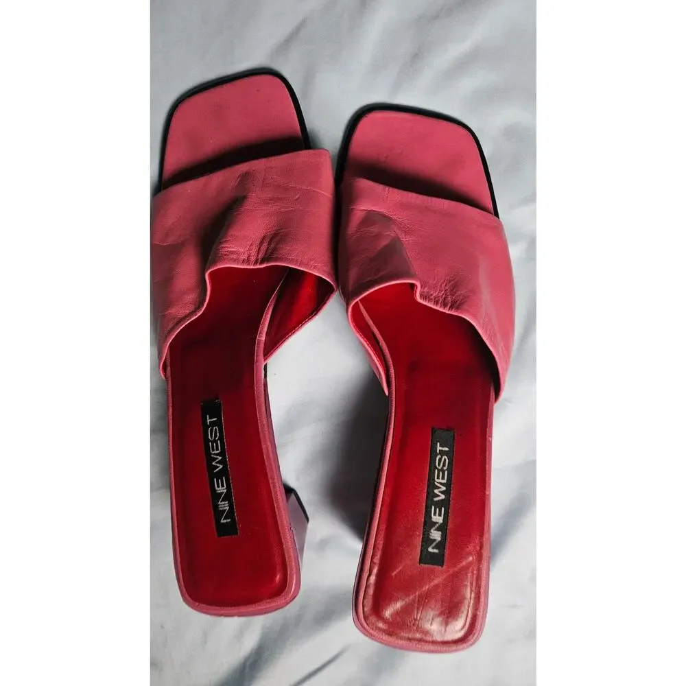 Nine West Square Toe Slide Sandals Pink Leather Mules Y2K 90s Slip On Sz 8.5 - Picture 13 of 14